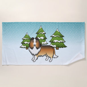 Serviette De Plage Shetland Sheepdog Sable Dans Une Forêt D'Hiver