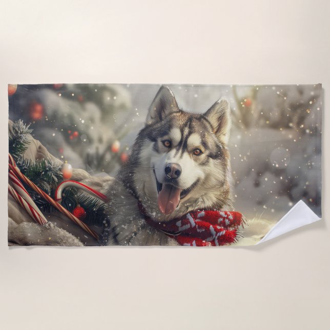 Serviette De Plage Sibérie Husky Chien Festif de Noël (Devant)