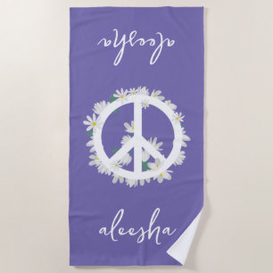 Serviette De Plage Signe de paix floral tropical personnalisé violet