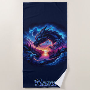 Serviette De Plage Silhouette de dragon contre un coucher de soleil v