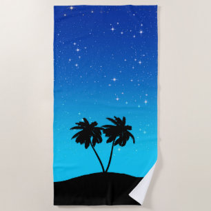 Serviette De Plage Silhouette de palmier sur Bleu du soir avec étoile