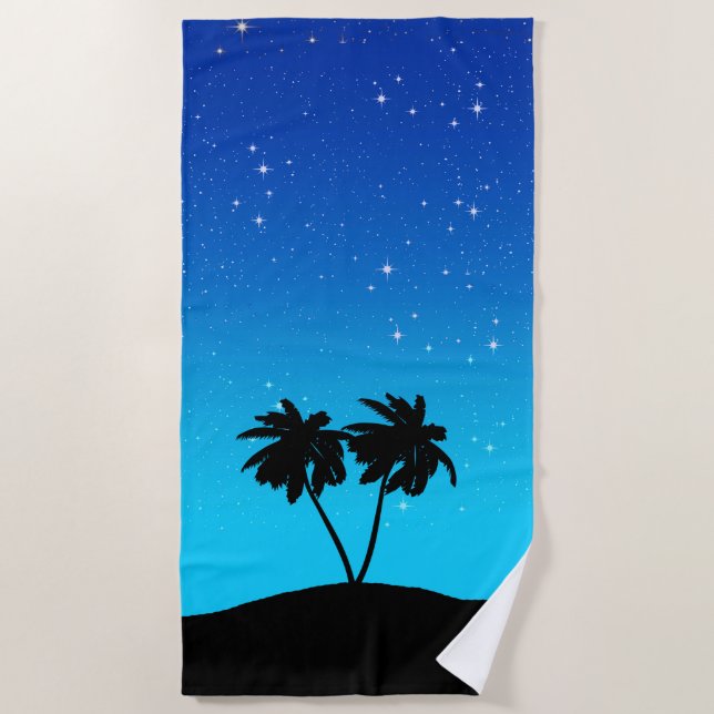 Serviette De Plage Silhouette de palmier sur Bleu du soir avec étoile (Devant)