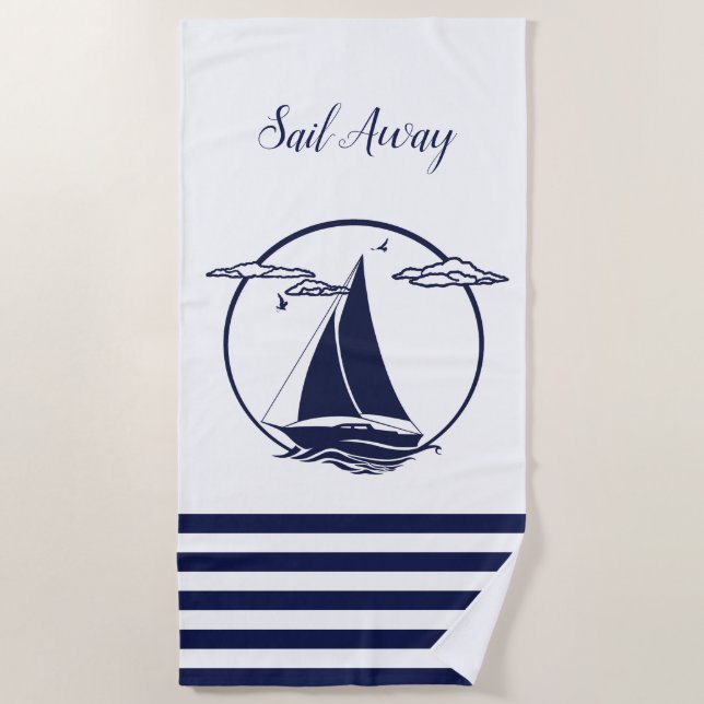 Serviette De Plage Silhouette de voilier blanc marine/départ (Devant)