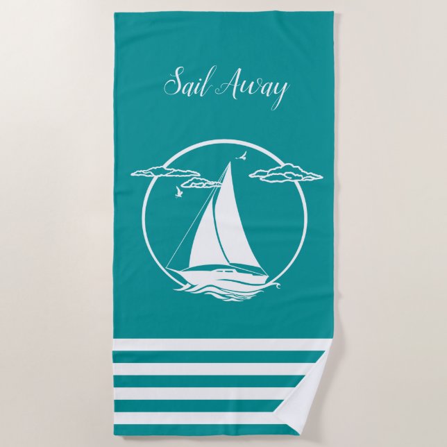 Serviette De Plage Silhouette de voilier blanc marine/départ (Devant)
