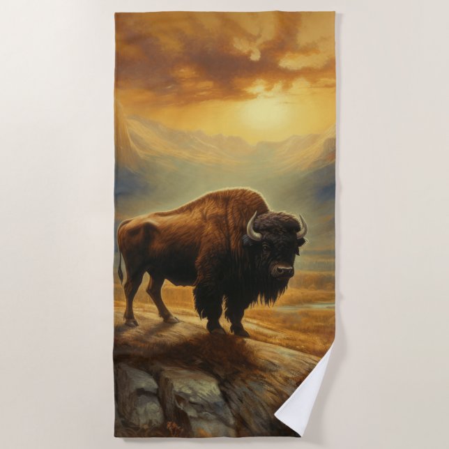 Serviette De Plage Silhouette du coucher de soleil de bison de buffle (Devant)