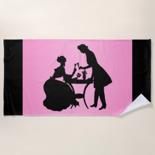 Serviette De Plage Silhouette noire sur vin romantique rose Couple