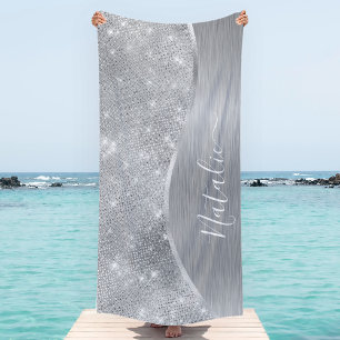 Serviette De Plage Silver Glitter Glam Bling Personalized