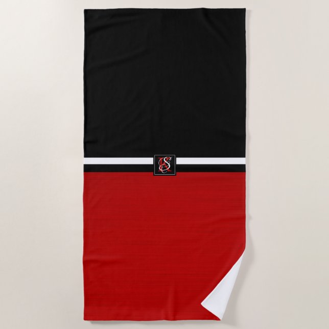 Serviette De Plage Simple deux tons Noir et Rouge Initiales Monogramm (Devant)