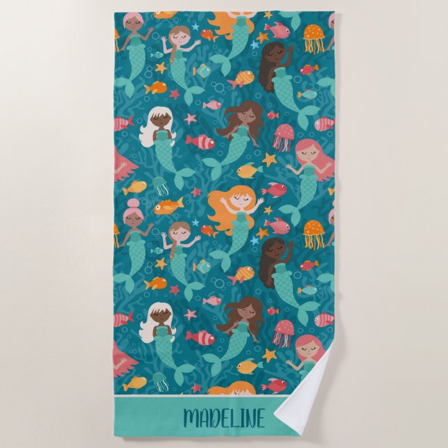 Serviette De Plage Sirènes Whimiques Sous Le Turquoise De La Mer (Devant)