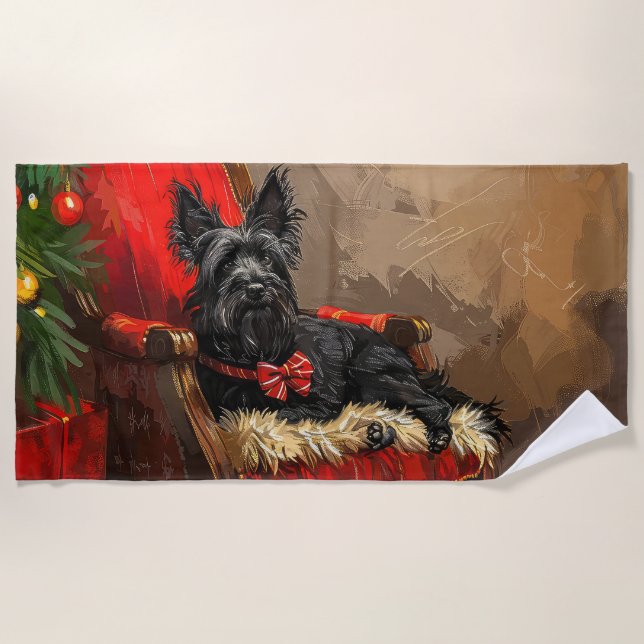 Serviette De Plage Skye Terrier Chien Festif de Noël (Devant)