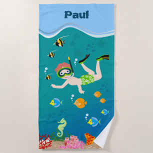 Serviette De Plage Snorkeling avec poisson tropical garçon fête d'ann