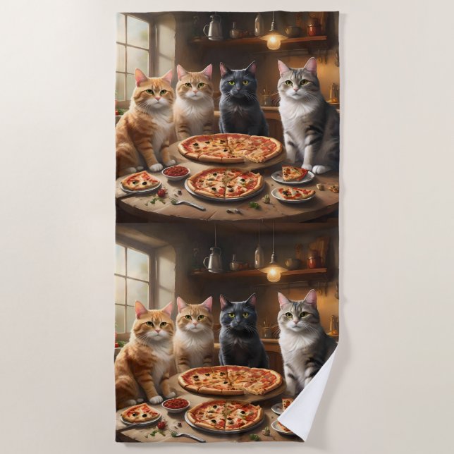 Serviette De Plage Soirée Pizza Chat, (Devant)
