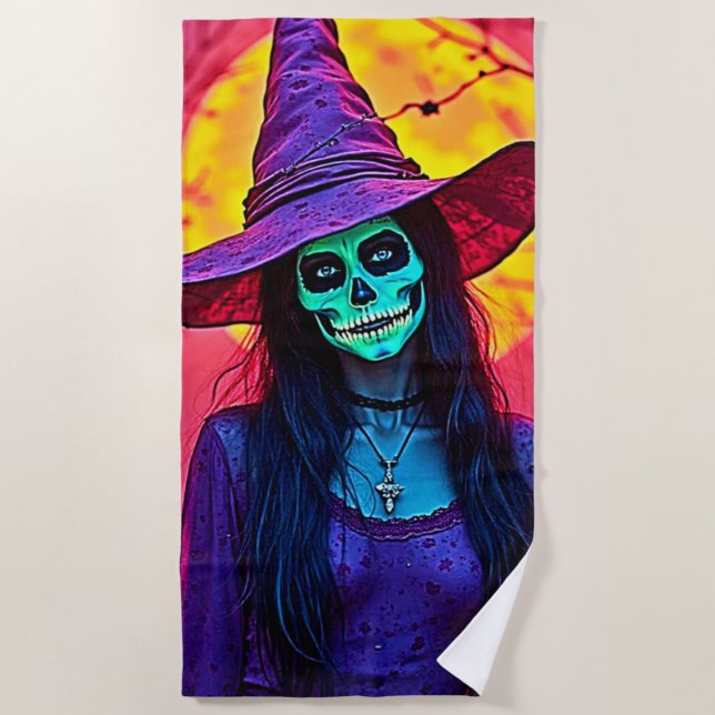 Serviette De Plage Sorcière d'Halloween avec conception de visage crâ (Devant)