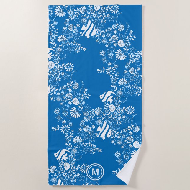 Serviette De Plage Sous le Monogramme Motif bleu océan (Devant)
