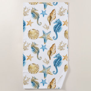 Serviette De Plage Sous l'hippocampe de bleu et d'or de mer