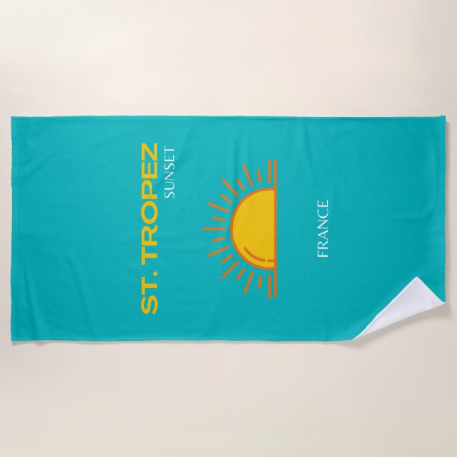 Serviette De Plage St Tropez, Sunset, Travel Art, Turquoise (Devant)