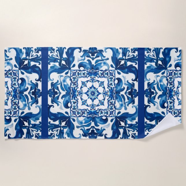 Serviette De Plage style italien, méditerranéen, mosaïque, bleu, (Devant)