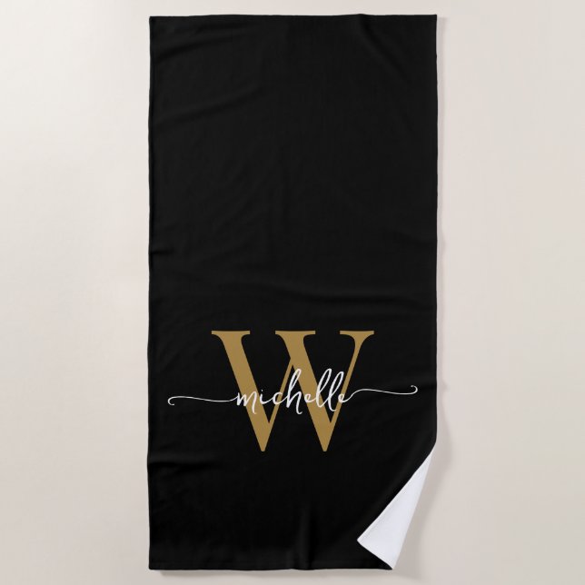 Serviette De Plage Style moderne Black Gold Monogramme Nom Script (Devant)