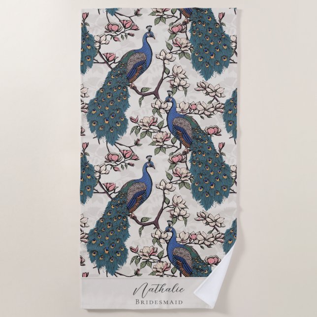 Serviette De Plage Stylé Peacock et Flower Bridesmaid (Devant)