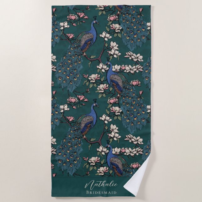 Serviette De Plage Stylé Peacock et Flower Bridesmaid Turquoise (Devant)