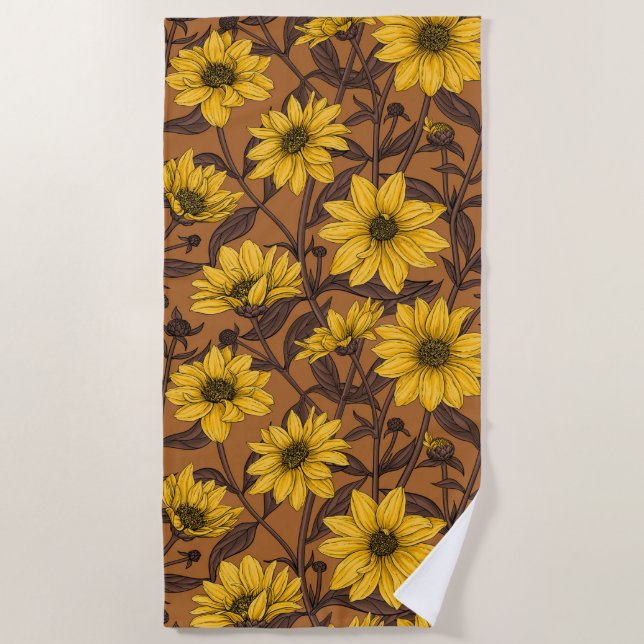 Serviette De Plage Sunroot, tournesol sauvage en jaune et marron (Devant)