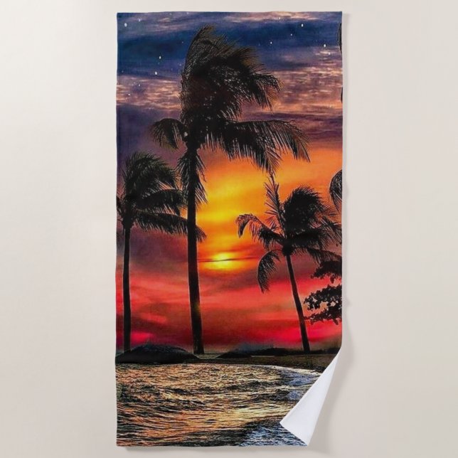 Serviette De Plage Sunset Beach Towel with the Ocean and Palm Trees (Devant)
