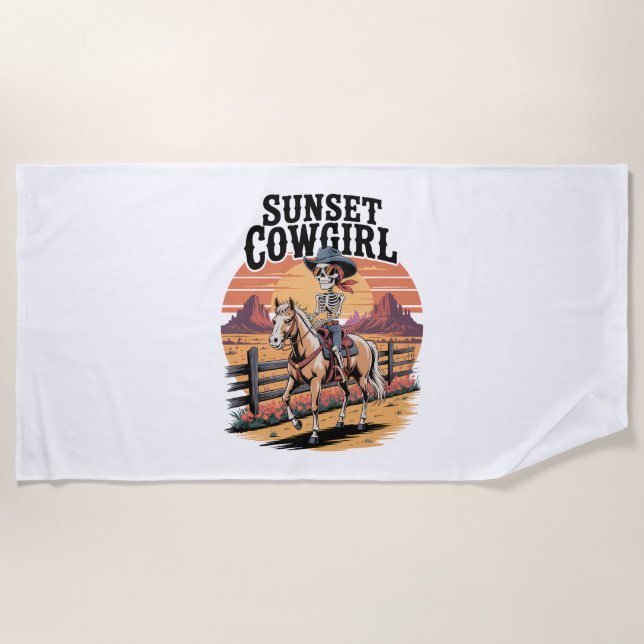Serviette De Plage Sunset Cowgirl Skeleton équitation Cheval (Devant)