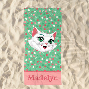 Serviette De Plage Super Cute White Chat Rose & Mint Green Beach Serv