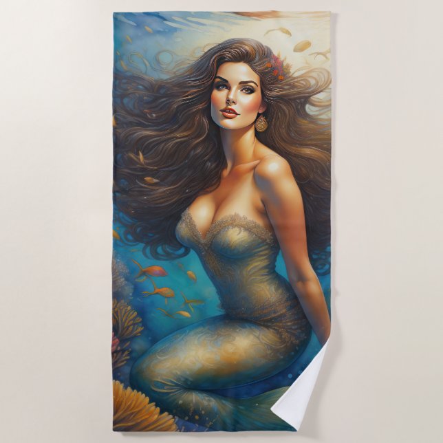 Serviette De Plage Superbe Brunette Haired Mermaid (Devant)