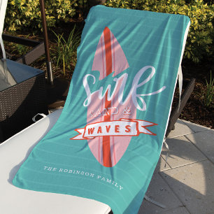 Serviette De Plage Surf Sable & Vagues Retro Rose & Turquoise Surboar