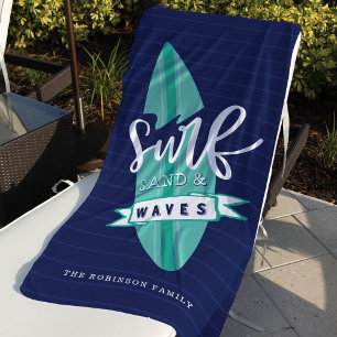 Serviette De Plage Surf Sable & Vagues Retro Turquoise & Navy Surboar