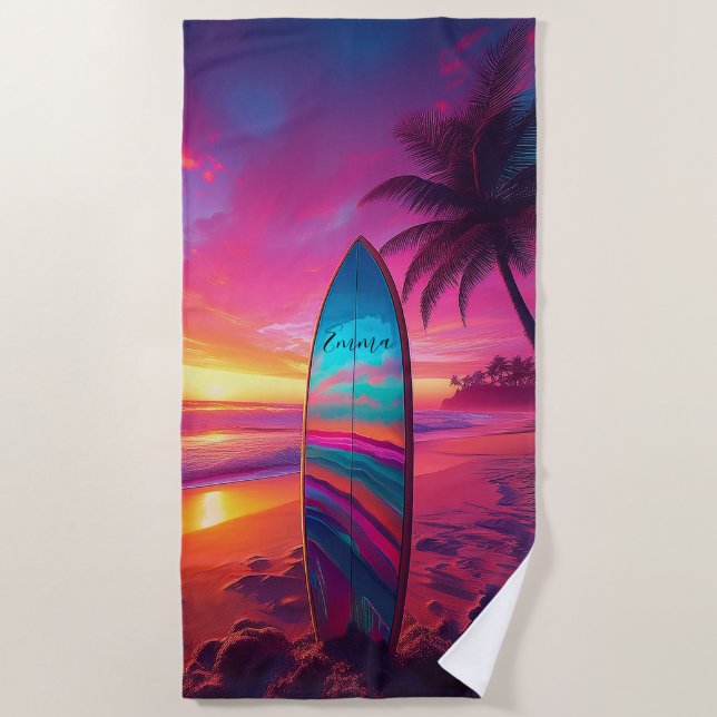 Serviette De Plage Surf Sunset Neon personnalisé (Devant)