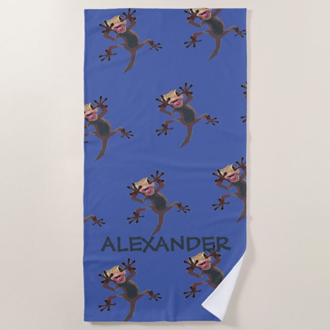 Serviette De Plage Surnommé Funny Gecko Lizard Blue Nom personnalisé (Devant)