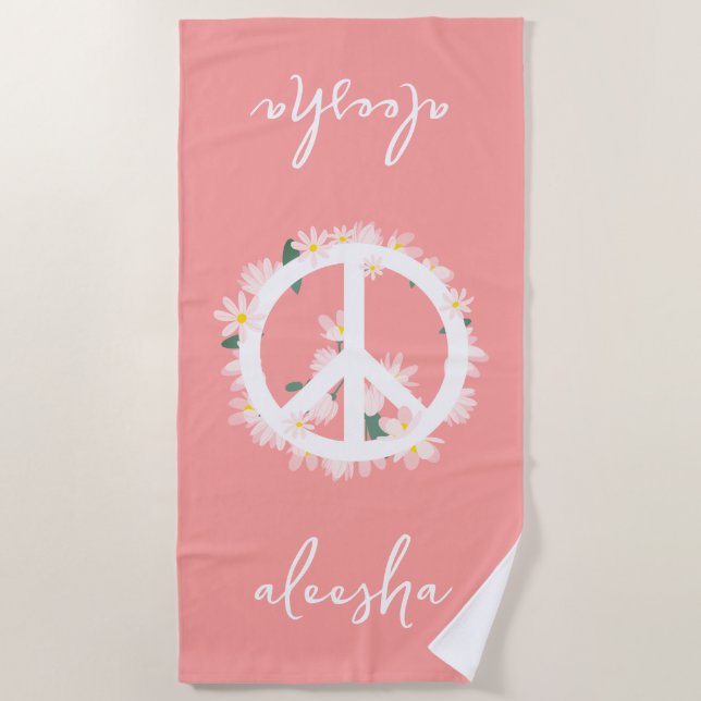 Serviette De Plage SYMBOLE DE PAIX Floral Tropical Personnalisé Peach (Devant)