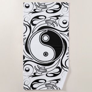 Serviette De Plage Symbole Yin et Yang Style tatouage noir et blanc