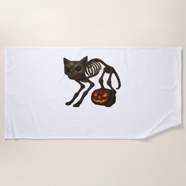 Serviette De Plage T-shirt déplaisant Chat Squelette Halloween Cadeau (Devant)