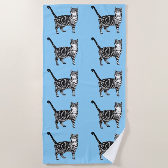 Serviette De Plage Tabby Chat Cute Joli Blue Kids Chats Aquarelle (Devant)