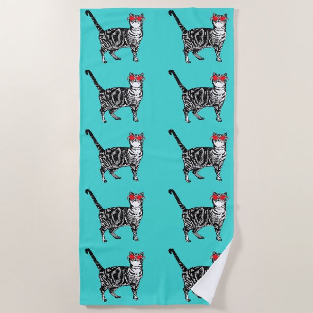 Serviette De Plage Tabby Chat Cute Joli Lunettes de soleil Cool Enfan (Devant)