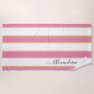 Serviette De Plage Tangerine rose Blanc moderne Preppy Stripes Plage