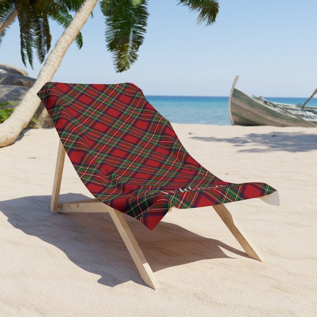 Serviette De Plage Tartan classique rustique rouge et vert plaid (Red and Green Check Clan Stewart Tartan Monogram Beach Towel)