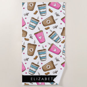 Serviette De Plage Tasses À Café, Haricots À Café, Coeurs, Votre Nom