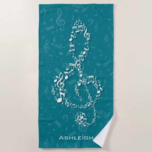 Serviette De Plage Teal et notes blanches de musique de clef triple (Devant)