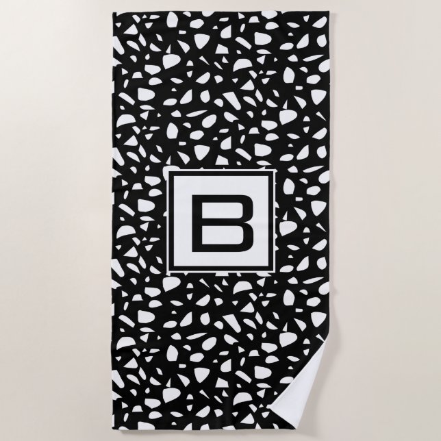 Serviette De Plage Terrazzo noir blanc motif monogramme initial (Devant)