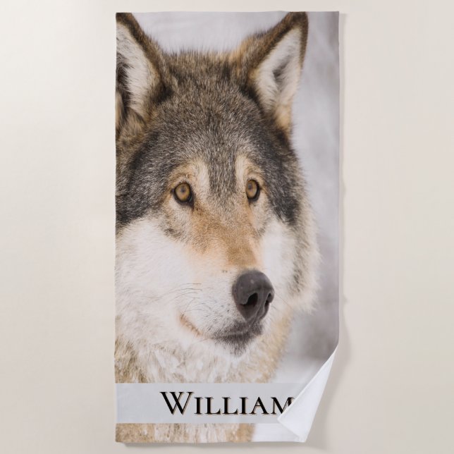 Serviette De Plage tête de loup faune nom de forêt d'hiver (Devant)
