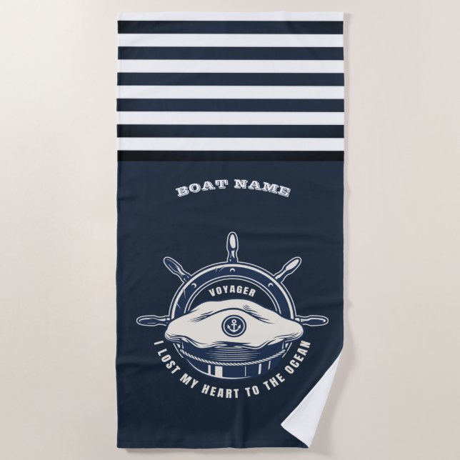 Serviette De Plage Thème nautique Nom du bateau Bleu de la Marine (Devant)