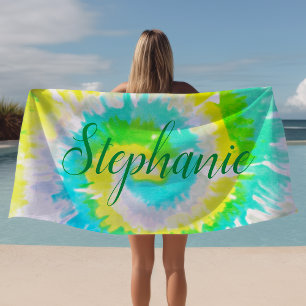 Serviette De Plage Tie-Dye Tourbillon Jaune Bleu Vert Personnalisé