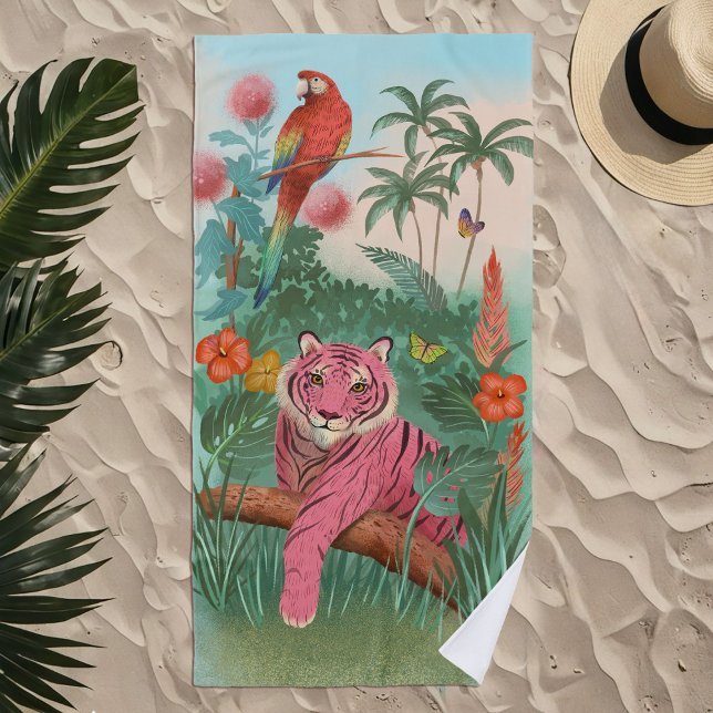 Serviette De Plage Tigre rose et perroquet dans la jungle tropicale (Créateur téléchargé)