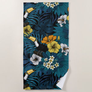 Serviette De Plage Toucans et flore tropicale, bleu, jaune, orange