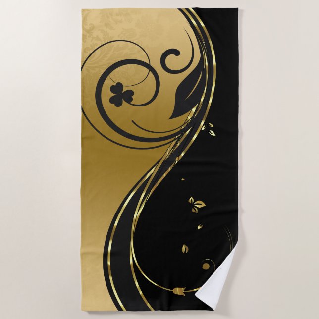 Serviette De Plage Tourbillon floral or et noir (Devant)