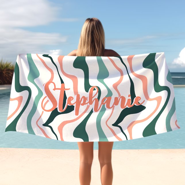 Serviette De Plage Tourbillon Rétro Abstrait Vague Abricot Menthe Nom (Créateur téléchargé)